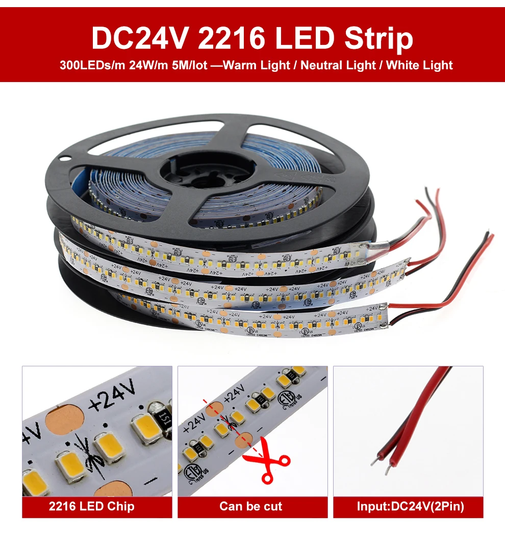 Высококлассная Светодиодная лента 2216 RA90+ CRI> 90 12V 120 светодиодный s/m 9,6 Вт/м 24V 300 светодиодный s/m 24 Вт/м 3000K 4000K 6000K Светодиодная лента высокой яркости 5 м/лот
