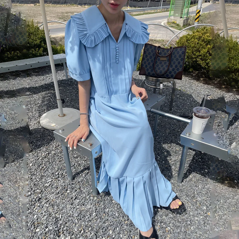 

2021 Summer New Korean Fashion Solid Color Women's Dress Fungus Loose Casual Lotus Leaf Collar Puff Sleeve Simple