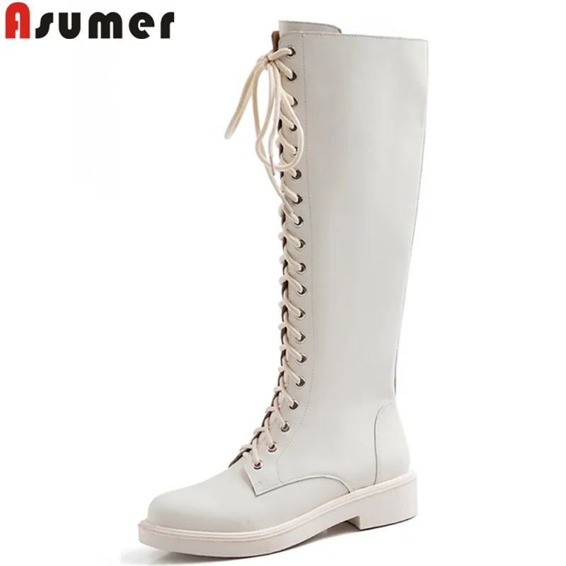 ASUMER/Новинка 2020 года Сапоги из натуральной кожи на шнуровке Однотонные сапоги для