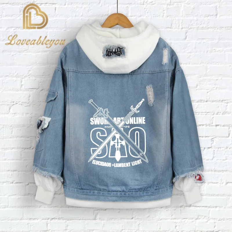 

Anime Sword Art Online Denim False Two-Piece Hooded SAO Handsome Loose Personality Trend Spring Autumn Jacket Coats