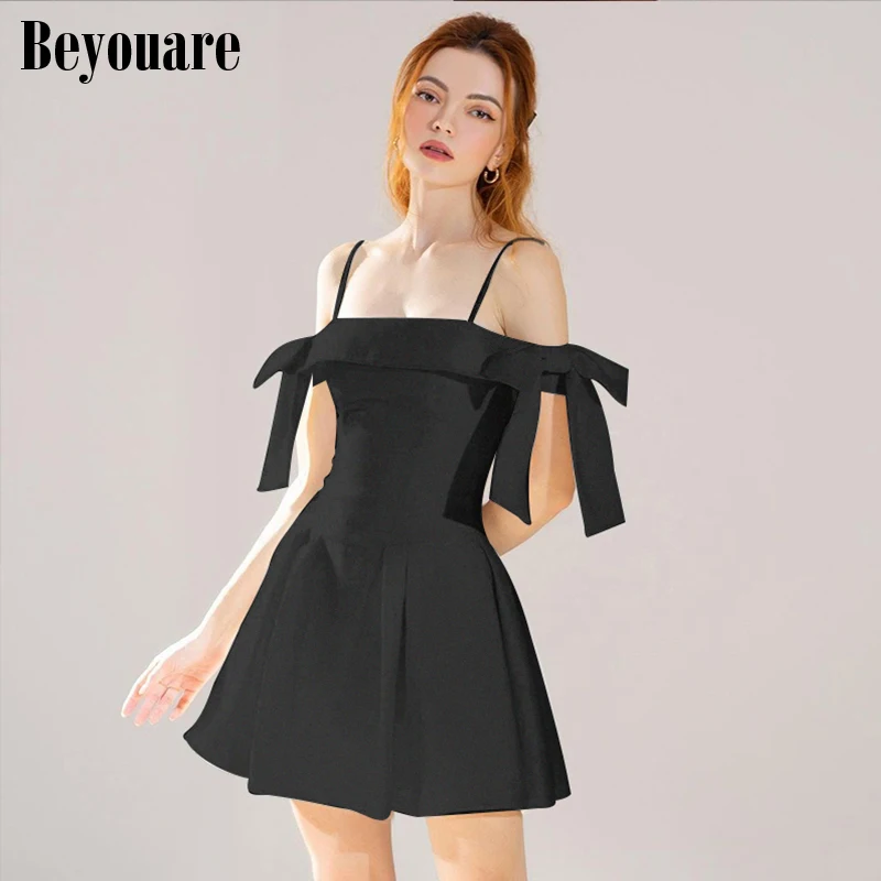 

Beyouare Sexy Elegant Women Dress One Shoulder Bandage Black Mini A-line Dresses 2021 Summer High Street Young Style Streetwear