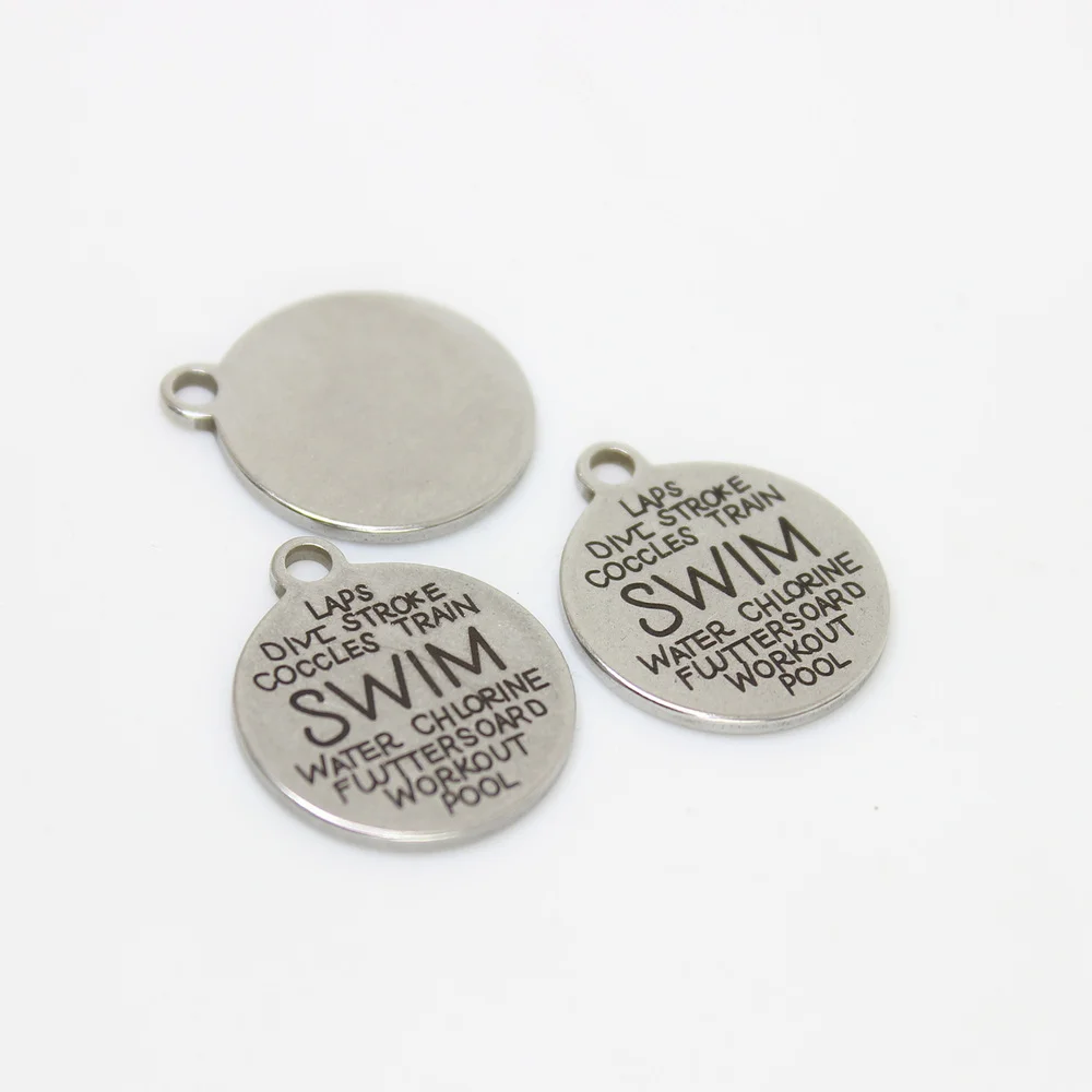 

8pcs-- Stainless Steel Laser Engraved 22mm Swim World Disc Message Charm Pendant For Necklace Diy Jewelry Making