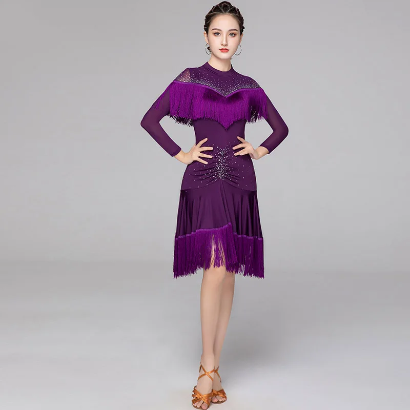 

New Latin Dance Clothes Female Long Sleeve Rhinestone Fringe Dress Professional Rumba Dance Clothing Samba Tassel Skirt Women