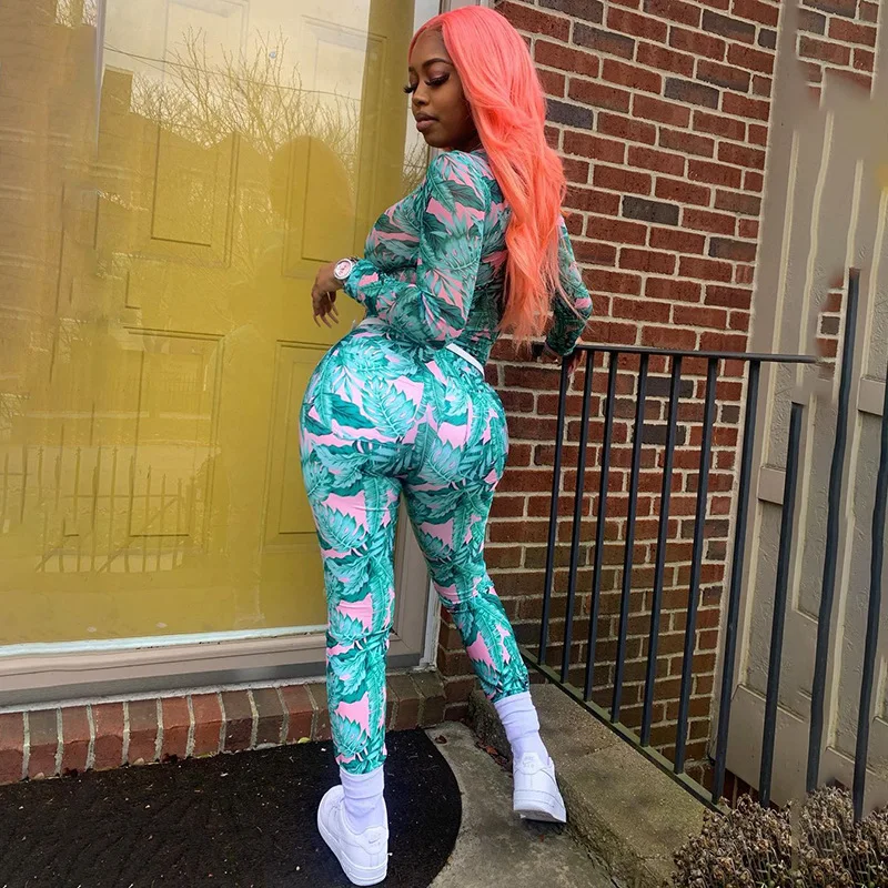

Leaves Print Women Two Piece Set Mesh Bodysuit Long Sleeve Leggings Bodycon Sexy Streetwear 2020 Autumn Winter Matching Sets