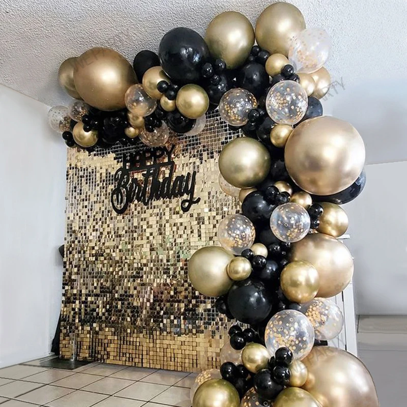 

101pcs Chrome Gold Black Balloons Arch Garland Kit Gold Sequins Balloons for Baby Shower Wedding Graduation Birthday Party Decor