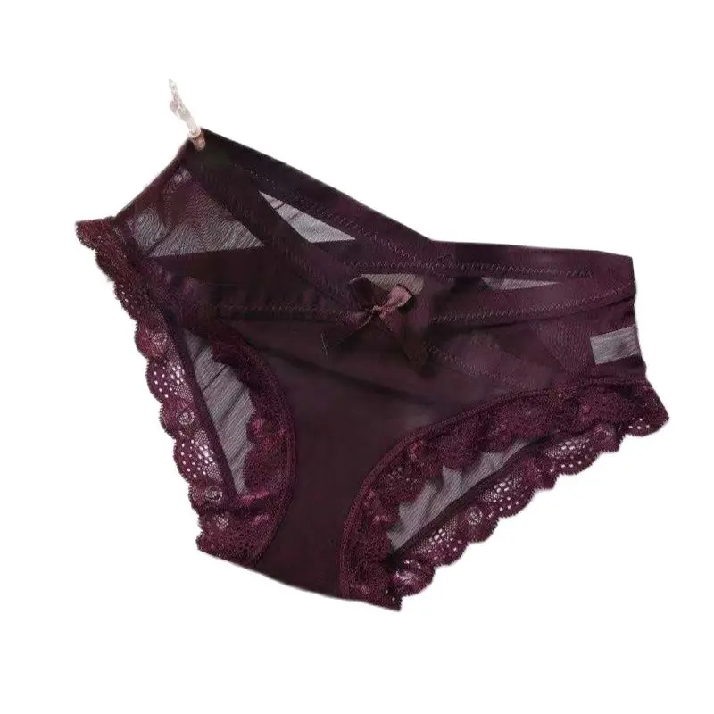 

Sexy Lace Girls Underpants Low Waist Transparent Net Yarn Breathable Bow Briefs