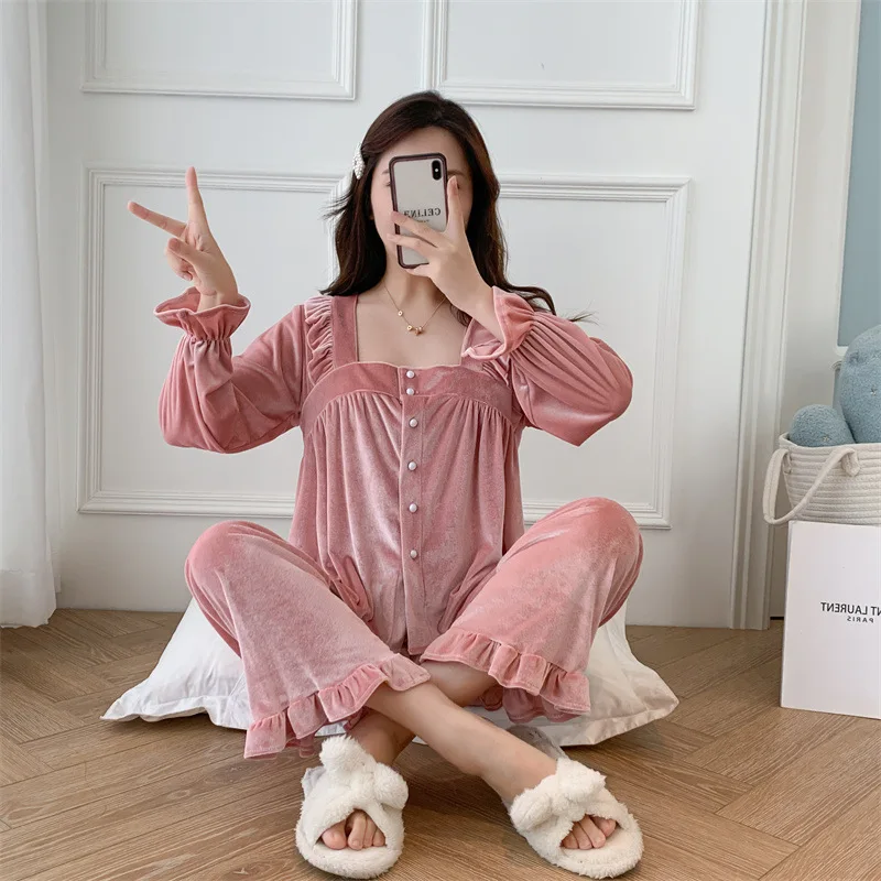 

Sweet Patchwork Ruffle Pajamas Set Pink Velvet Sleepwear Pijamas Suit Casual Long Sleeve Square Collar Trouser Suits Homewear