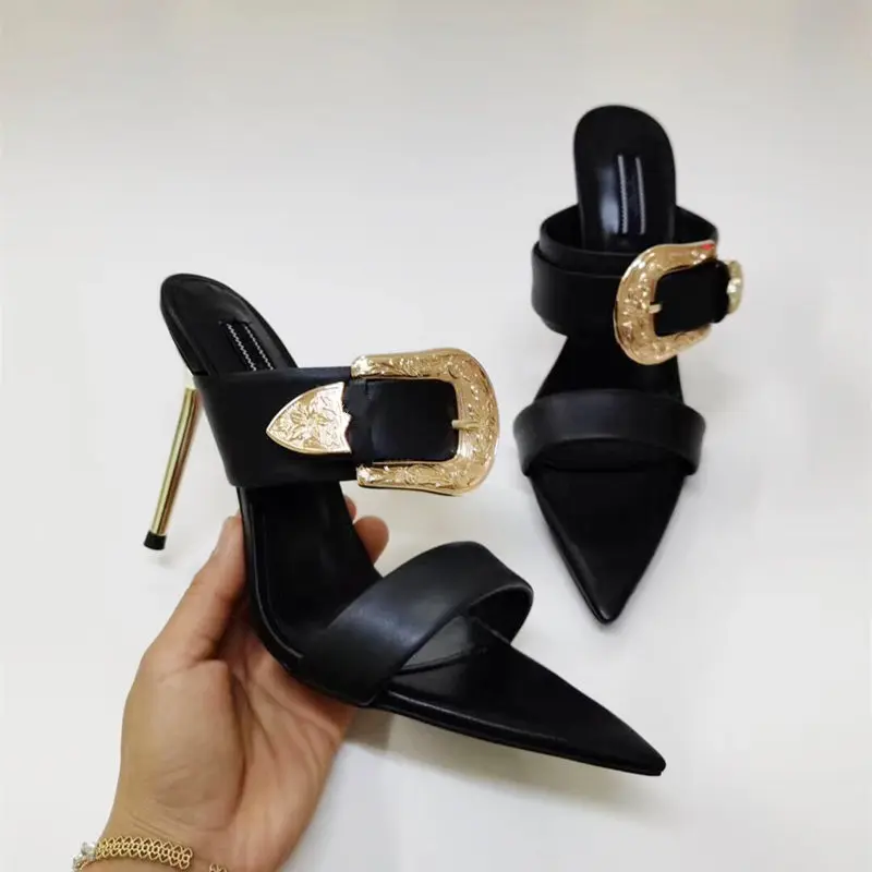 

Summer Slide sexy lady fashion women's sandals black kid leather Gold buckle point toe high heels shoes Slipper mulers loafer