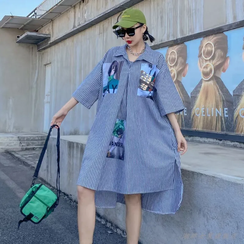 

QING MO 2021 Summer Women Striped Dress Women Cartoon Printed Dress Female Oversized Dress Front Short Back Long ZQY6990