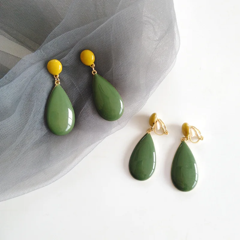 Alloy Geometric Water Drop Forest Fresh Green Stone Clip Earrings for Women Hanging Clip On Earrings Non Pierced Ears Jewelry images - 6