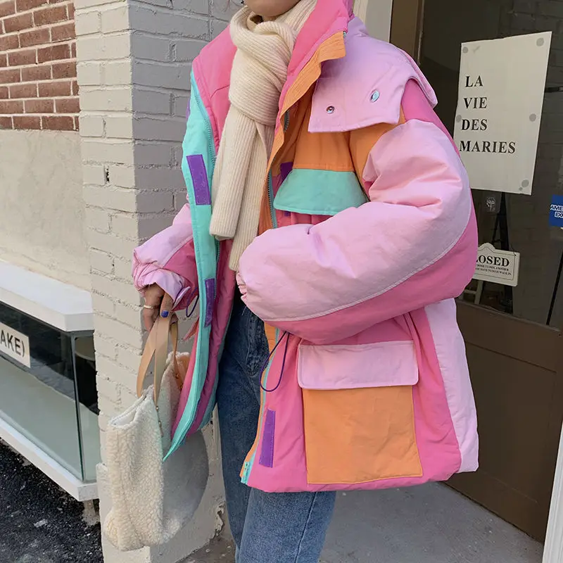 

Foamlina Women's Winter Jacket Coat Korean Fashion Color Block Thicken Outerwear Coat Hooded Warm Long Sleeve Parkas Jackets