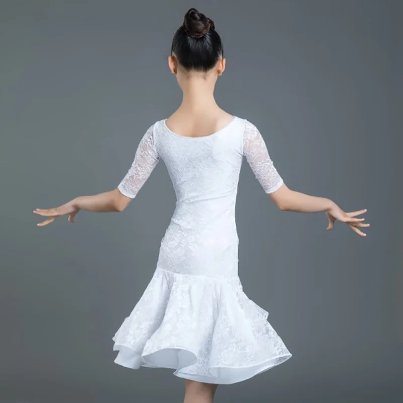 

Latin Dance Dress Kids White Lace Mid Sleeve Girls Tango Rumba Cha Cha Samba Salsa Dancing Dresses Child Practice Wear DN3887