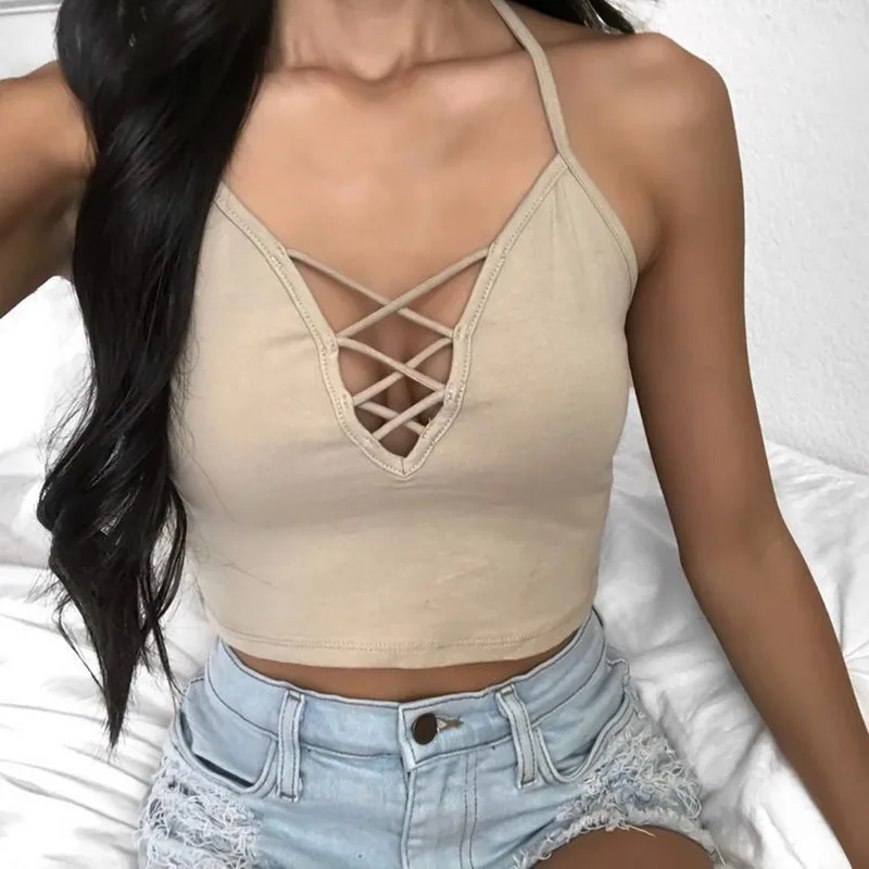

Puimentiua Crop Top Women Cross Bandage Camisoles Tanks Tops Solid Halter Camisole Crop Tops Mujer Plus Size Fashion Hollow Crop