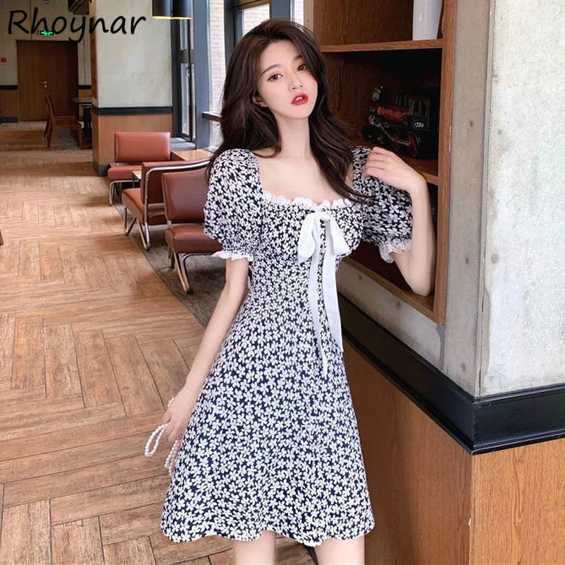 

Floral Dress Women Bow Lovely Sundress Female Holiday All-match Soft Square Collar Mini Preppy Vintage Stylish Leisure Ulzzang