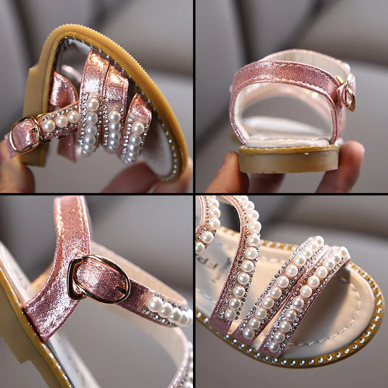 

New Leather Girls Sandals Glitter Pearls Summer Kids Shoes Pink Gold Princess Girls Sandals Children Kids Baby Girl Shoes