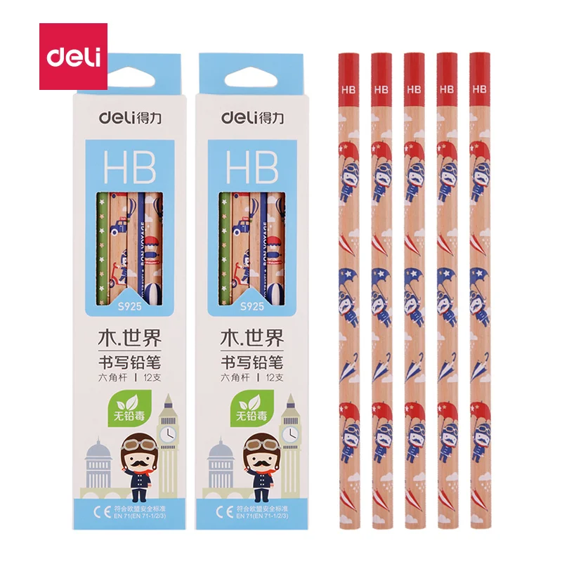 

12pcs / box Deli S925 cartoon wood world hexagonal high-end graphite non toxic HB pencil, writing pen, student office stationery