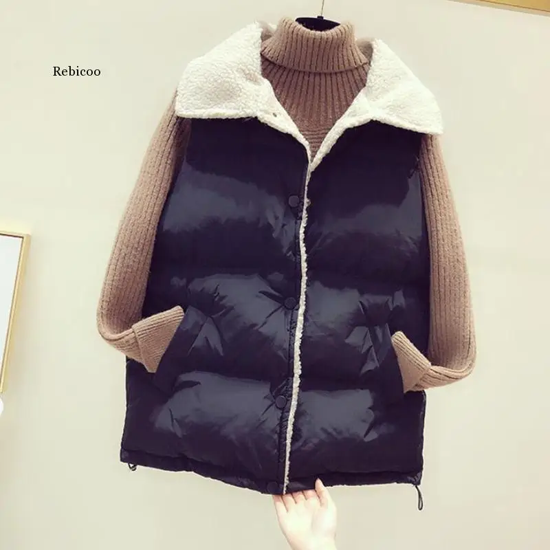 

Lamb Fur Down Cotton Vest Coat Female 2020 Winter New Loose Harajuku Sleeveless Outwear Plus Size Waistcoat Jacket