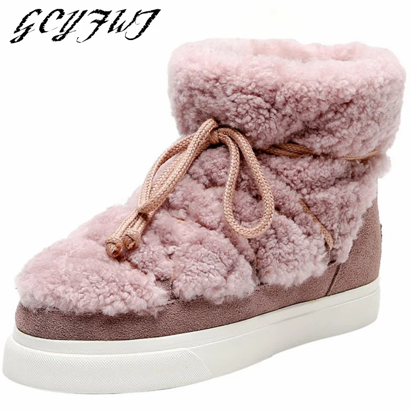 Sweet Women Wool Cow Suede Ankle Boots Fluffy Female Big Size Winter Snow Boots Casual Woman Design Newest Flats Platform Boots