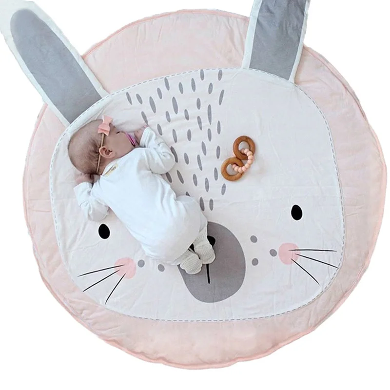

90CM Baby Play Mat Foldable Kid Crawling Blanket Pad Cartoon Animals Round Carpet Rug Toy Cotton Children Room Decor Photo Props