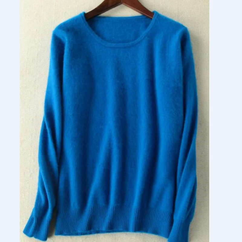 Женский норковый свитер 2018 с круглым вырезом и закатывающимся подолом короткий