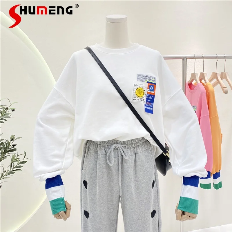 

Plus Size Long Sleeve Crew Neck Sweatshirt Female 2021 Spring New Cartoon Pattern Patch Loose Ladies Cotton Pullover Hoodies