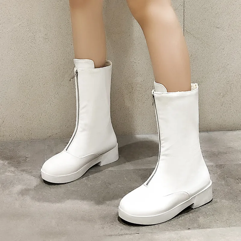 Женские сапоги до середины икры YMECHIC черные белые на молнии спереди высокие