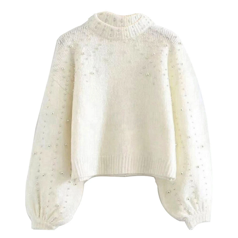 Women Fashion Lantern Sleeve Pearls Knit Winter Warm Sweaters Ladies Solid Color O-neck Loose Slim Fit Short Pullovers 2019 New | Женская