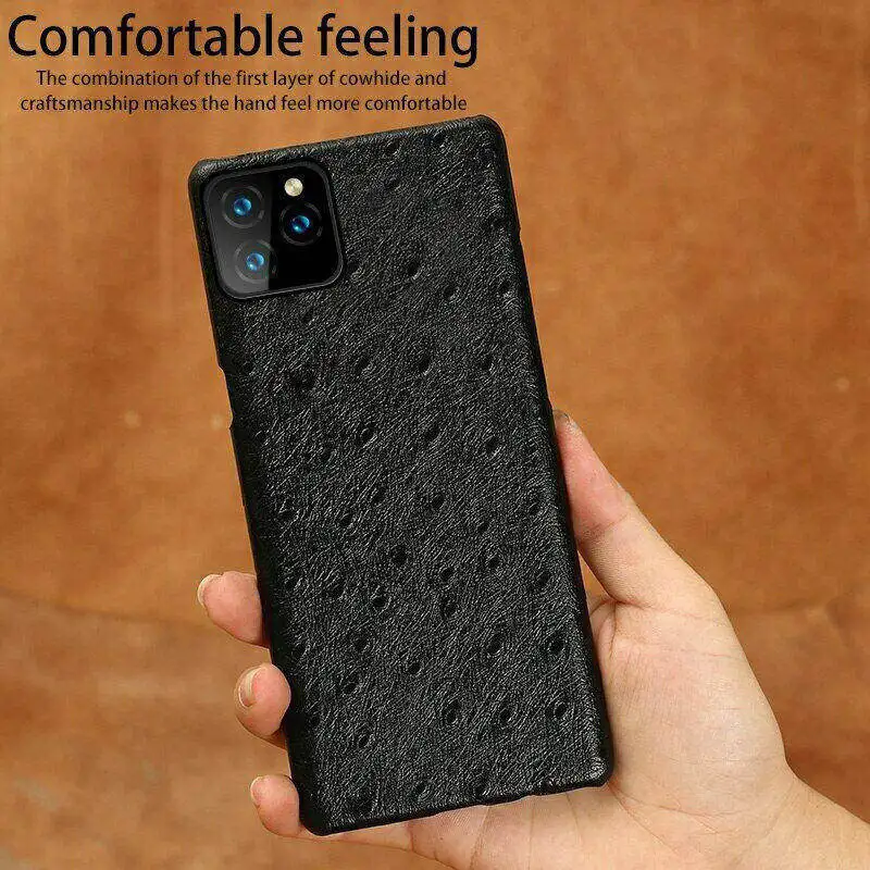 

Luxury Genuine Cow Leather Case For iPhone 13 Pro Max 12 11 XS XR 8 7 Retro Ostrich Grain Back Cover