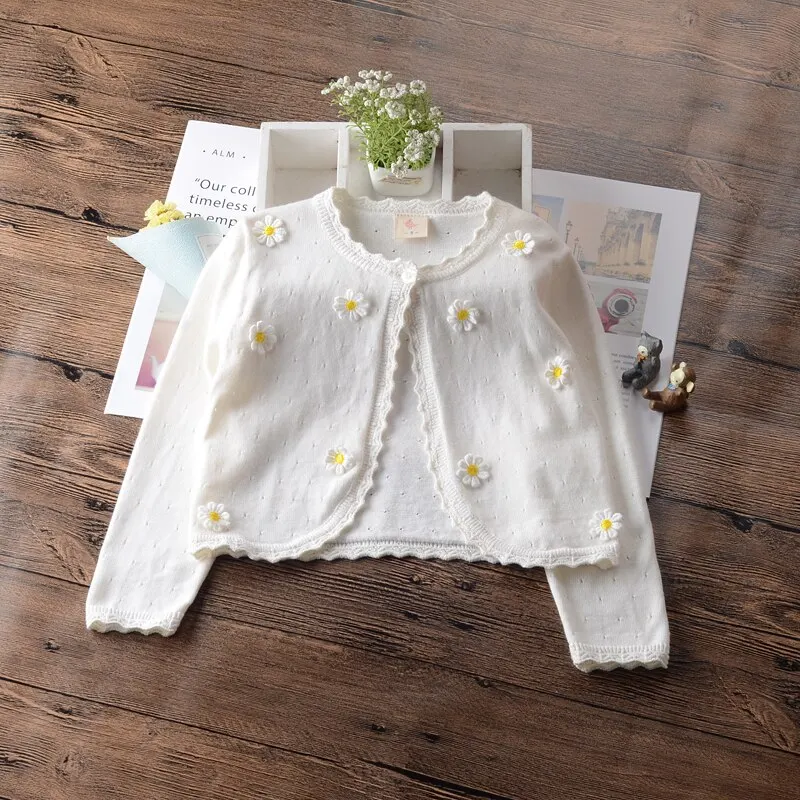 

Sweet Little Girls Daisy Cardigan Sweater Children Jacket Summer Cotton Shool Child Coat 1 2 3 4 5 6 Year Kids Clothes 205013