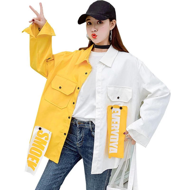 White Yellow Plegie Harajuku Женская куртка большого размера в стиле пэчворк, осень, Новое поступление, верхняя одежда, пальто в стиле хип-хоп, уличная одежда, свободные BF стильные куртки - Цвет: White Yellow