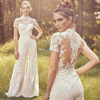 country jumpsuits 2020 wedding dresses high neck short sleeve lace appliqued beach boho bridal gowns vestido de novia