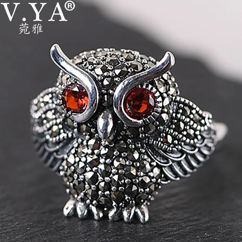 V. YA 925 Серебряное кольцо с совой, ювелирное изделие, модный марказит, камень, красный циркон, серебряные кольца для женщин, регулируемый размер, bague