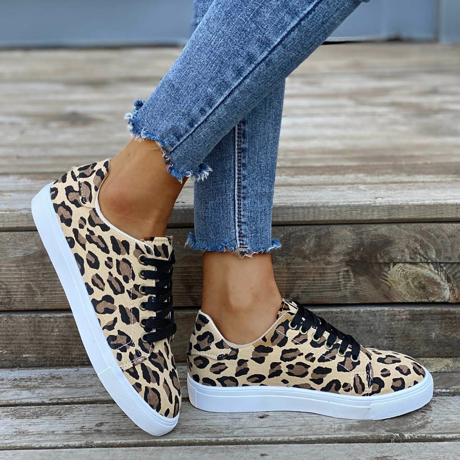 

Women's sneakers flat leopard print stitching large size casual Non-slip Canvas Sports Running Light Comfortable slippers Shoes