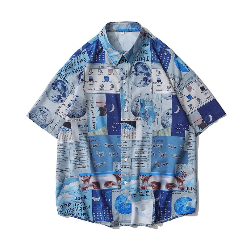 

Men Shirt Short Sleeve 2021 New Arrival Summer Loose Male Shirt Thin High Tech Cartoons Astronaut Japanese Style S44