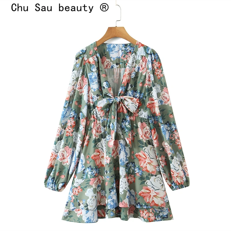 

New Eary Autumn Vintage Style Floral Printed Mini Dress Women Fall Sexy Deep V-neck Bow Loose Dresses Female Long Sleeve Vestido