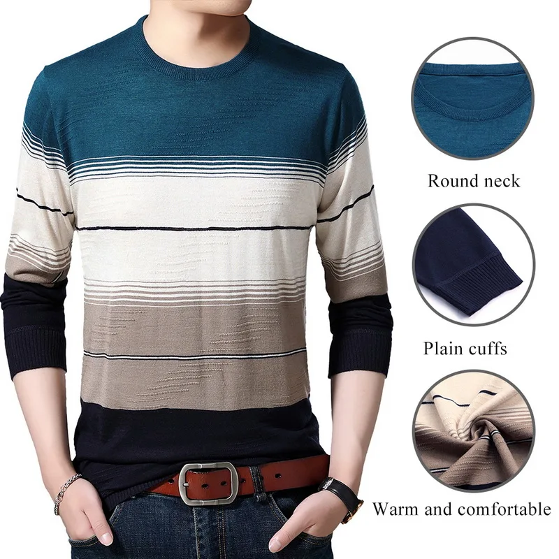 WENYUJH Autumn New Men's Sweater O-Neck Striped Slim Fit Knittwear Mens Sweaters Pullover Men Pull Homme 4XL Men Colthing