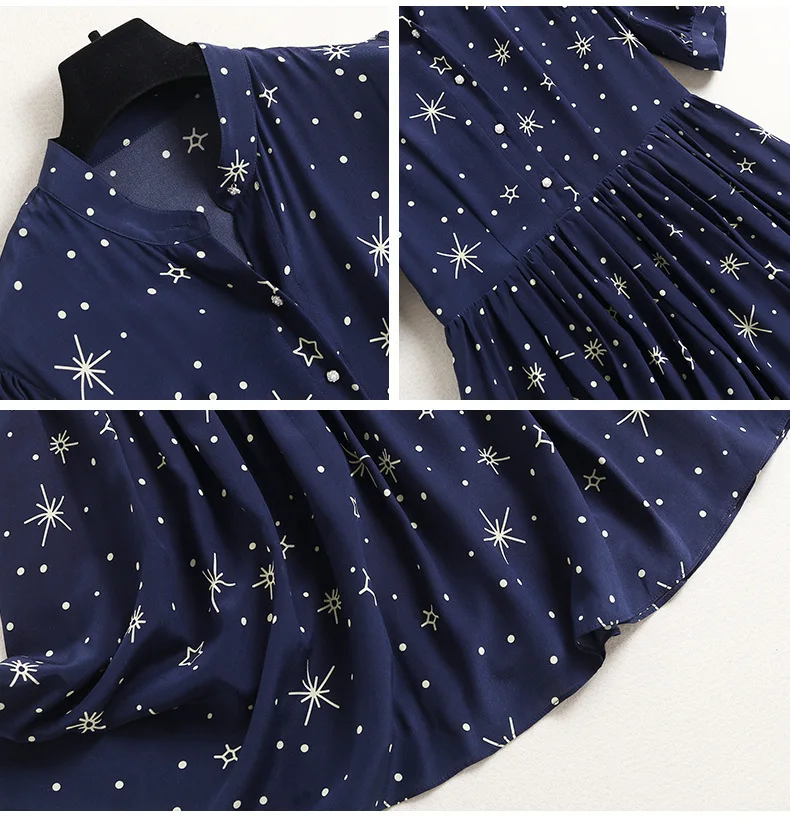 

100% Natural Silk Women's Dresses V Neck Ruched Short Sleeves Printed Summer Dress Vestidos