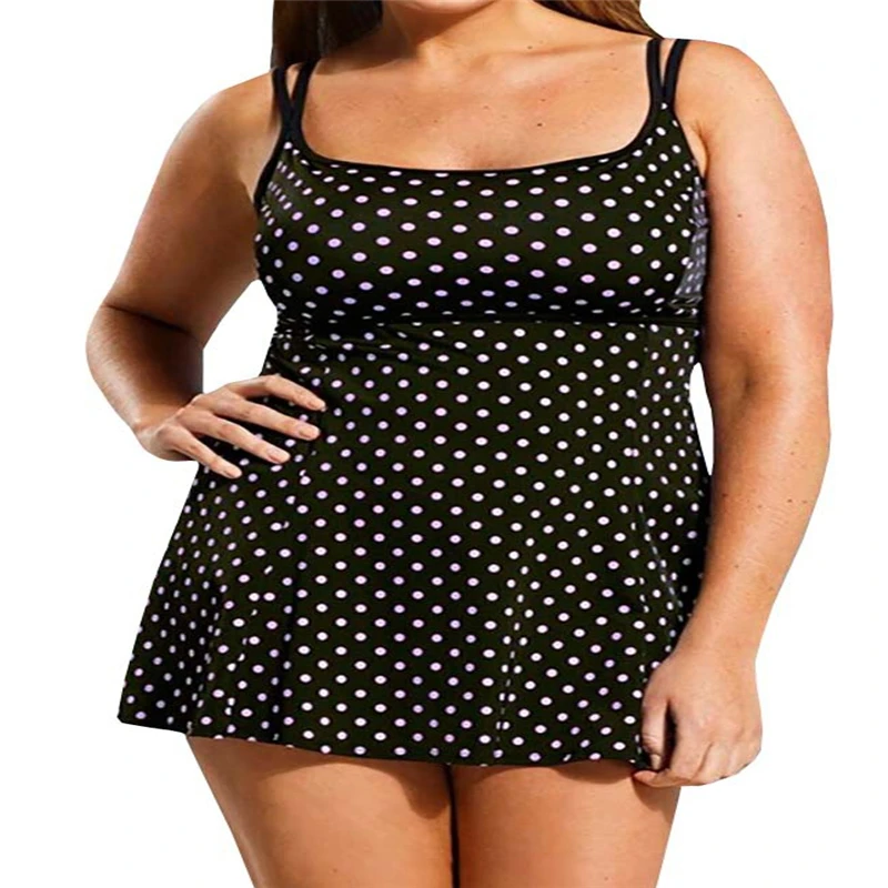 

Plus Size Split Beach Dress 2021 Hot Sale Low-Cut Top Vintage Style Printed Dot Mid Waist Swimming Suit for Women