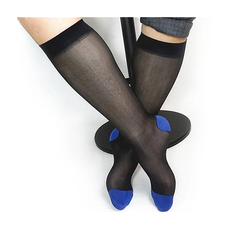 Ultra Thin Sheer Men Formal Socks Knee High See through Dress Suit Socks Hose for Gay Fetish Collection Striped Male Stocking
