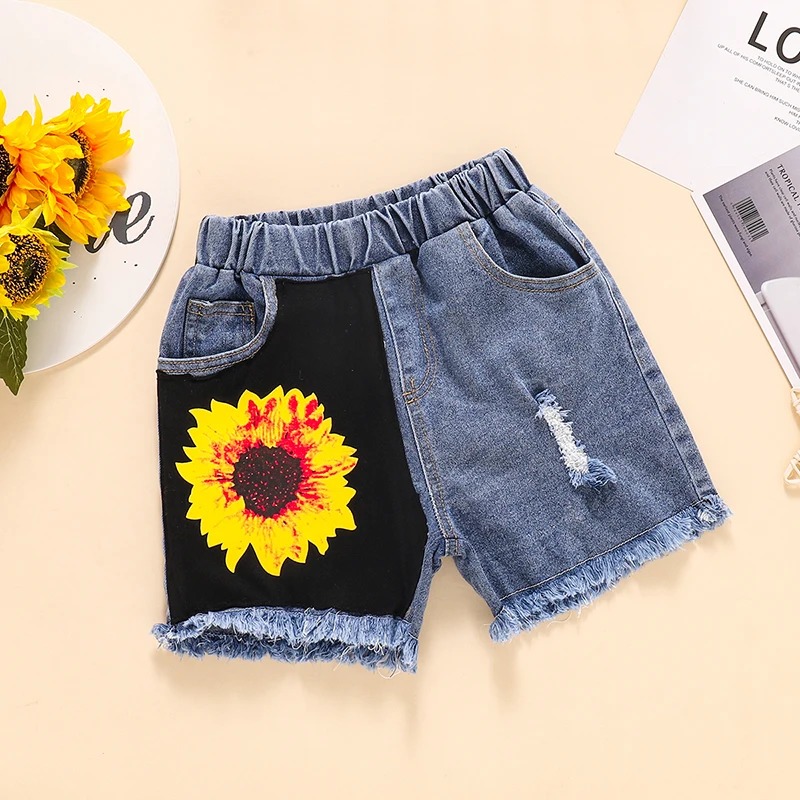 

Summer Sunflower Print Round Neck camisole Denim Shorts with Pockets for Girls