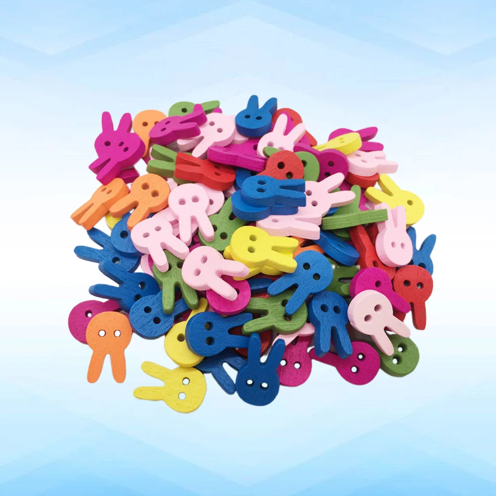 

100pcs Rabbit Shape Wooden Buttons Colorful Two Holes Fine-edged Buttons Bunny Design DIY Handcraft Accessary for Sewing