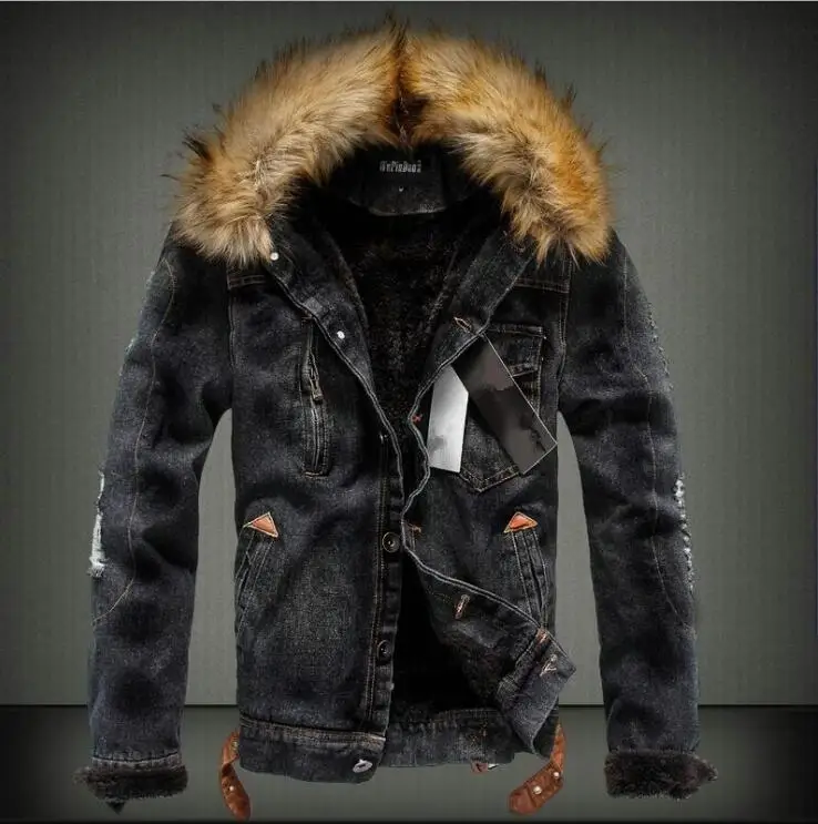 Men Winter Warm Jacket Denim Coat Hooded Warm Denim Parkas Male Overcoat Washed Hooded Fur Collar Winter Warm Jean Outwear