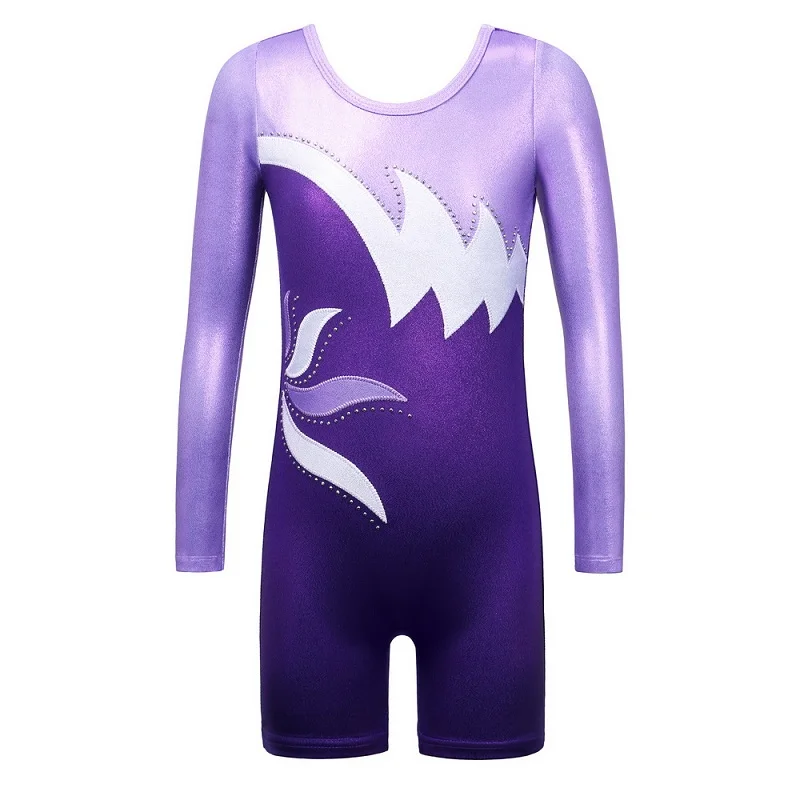 purple BAOHULU/Для девочек с длинными рукавами в стиле пэчворк для вечеринки комбинезон гимнастика Biketard блестящие стразы для подростков Купальник костюм для гимнастики для детей - Цвет: purple