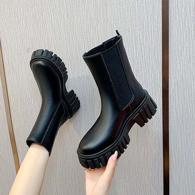 

Ladies Chelsea Boots Ladies Fashion All-match Zipper Round Toe Thick-soled Nude Boots New Hot Selling Casual Martin Boots
