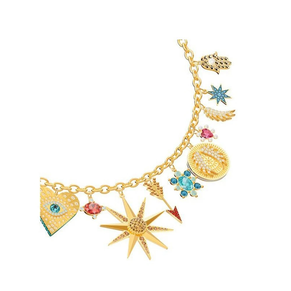 

Fashion SWA New Lucky Goddess Gold Tone Charm Necklace Horseshoe, Devil Eye, Heart-shaped Crystal Pattern Women Romance Gift