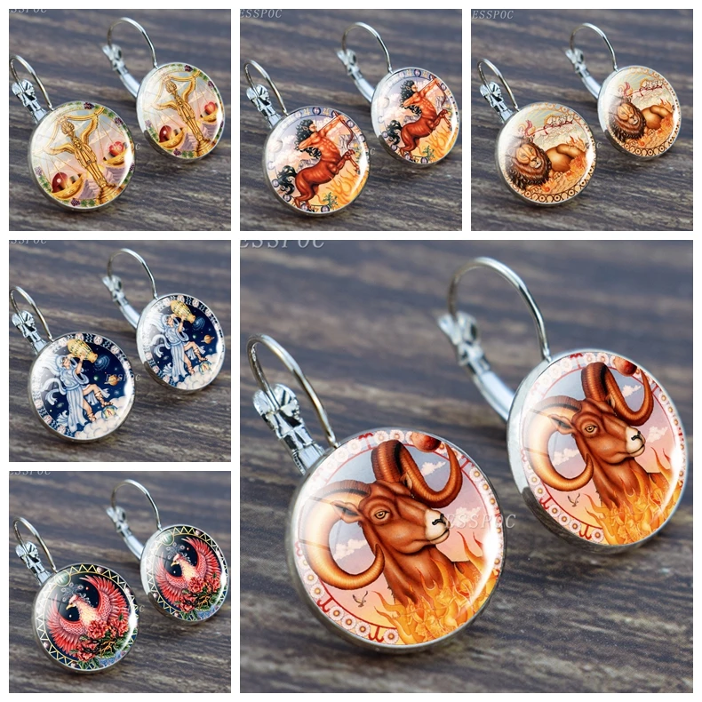 

12 Zodiac Sign Constellation Drop Earrings for Women Vintage Clear Glass Cabochon Earring Female Gifts Accessories Wholesale