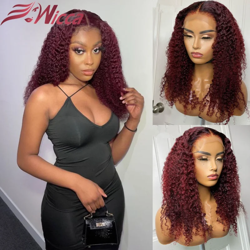 13X4 Lace Front Wig  Jerry Curly with Baby Hair 99J Ombre Brazilian Wigs Pre-plucked Hairline Remy Human Hair For Women Burgundy