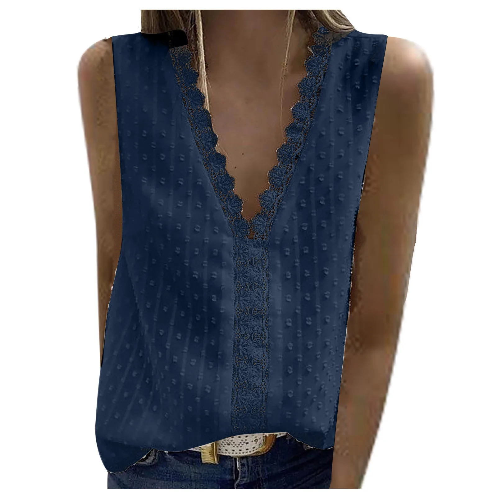 

2021 new European and American women's autumn V-neck sleeveless lace stitching chiffon vest top women