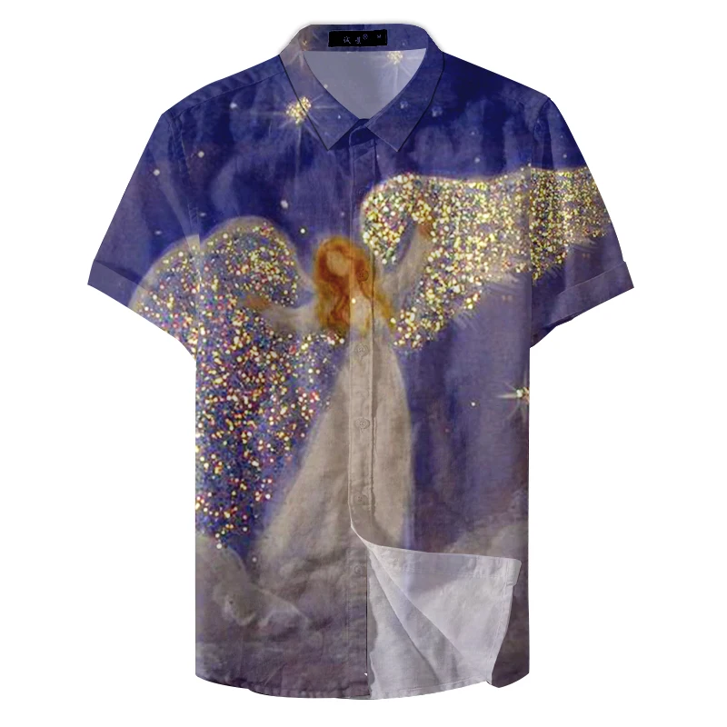 

2019 Summer Quality Short Sleeve Cute Angel Print Man Casual Shirt