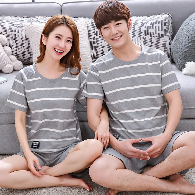 

Spring Summer Cotton Couple's Long-Sleeved Pajamas Women's Solid ColorPlaid Leisure Tops Men's Suit Pajama Set Women